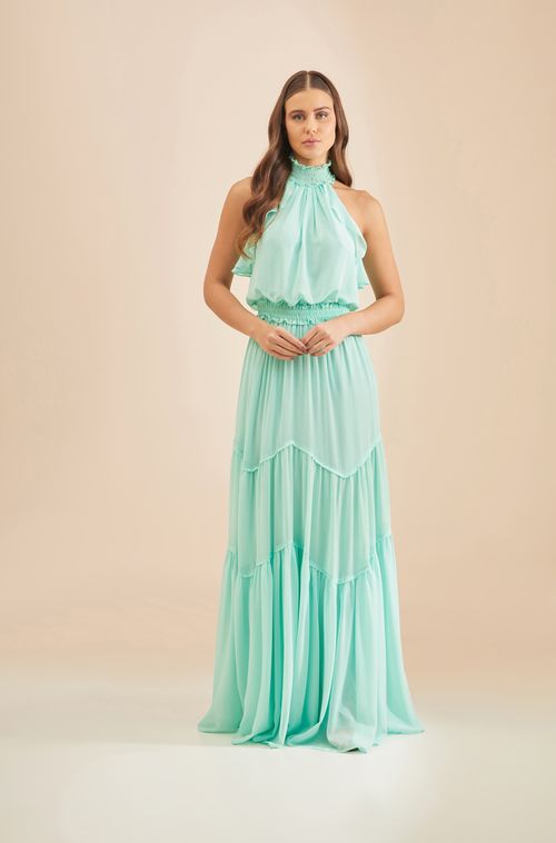 VESTIDO LONGO GOLA ALTA COM LASTEX EM CHIFFON MELISSANI