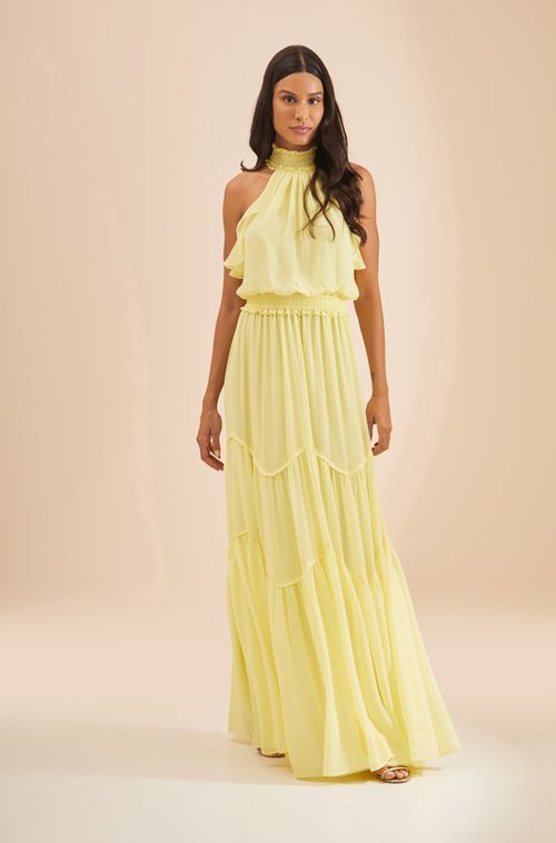 VESTIDO LONGO GOLA ALTA COM LASTEX EM CHIFFON MELISSANI