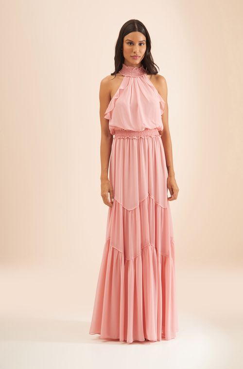 VESTIDO LONGO GOLA ALTA COM LASTEX EM CHIFFON MELISSANI