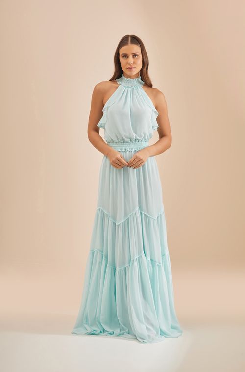 VESTIDO LONGO GOLA ALTA COM LASTEX EM CHIFFON MELISSANI